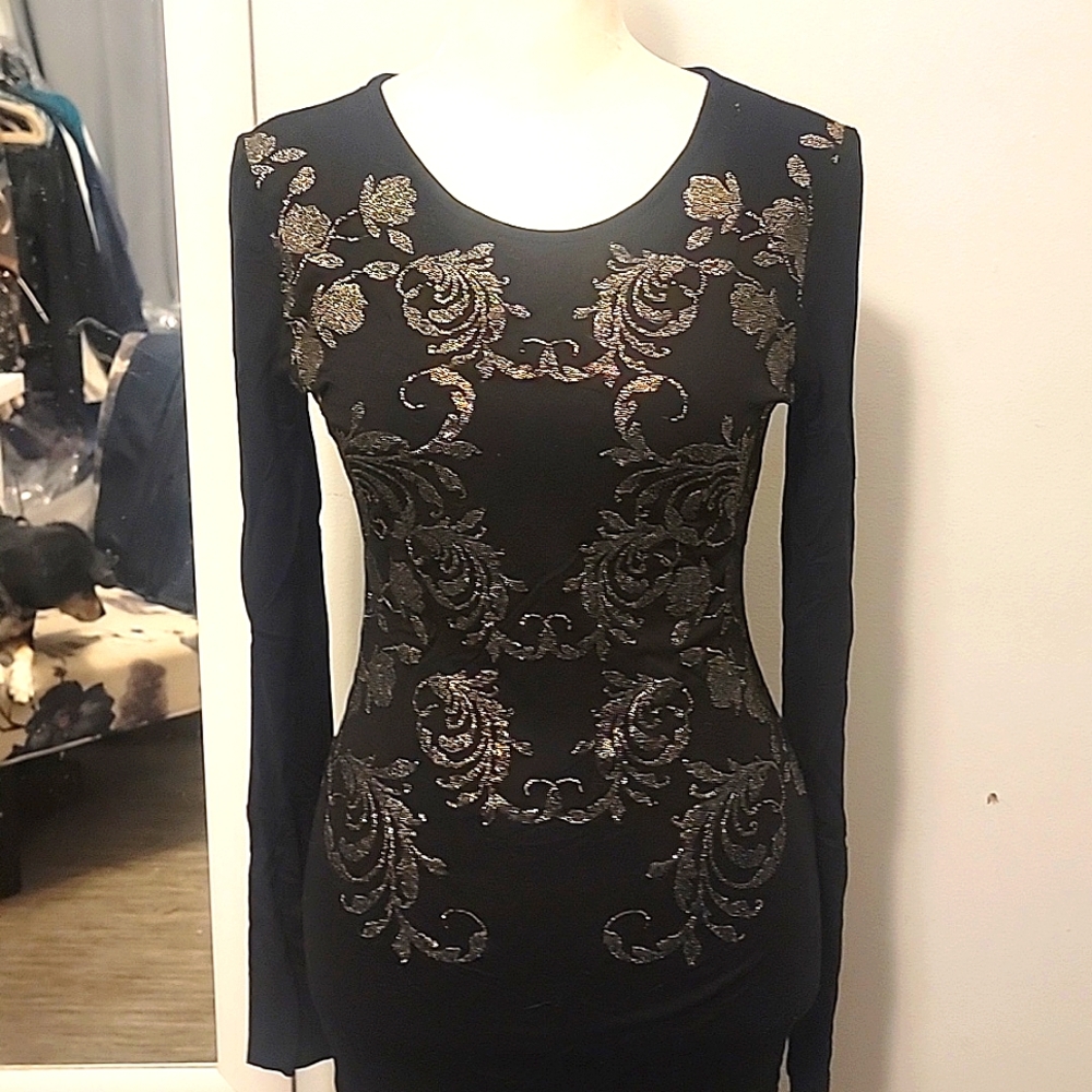 Short Fitted Black Dress With Metallic Details